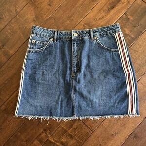 Topshop Moto Denim Mini Skirt Womens 10 Raw Hem Stripe Side Y2K Indie Retro